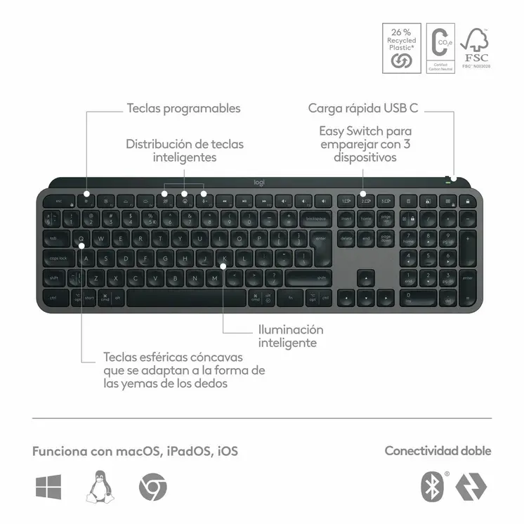 Wireless Keyboard Logitech MX Keys S Spanish Qwerty Graphite Steel