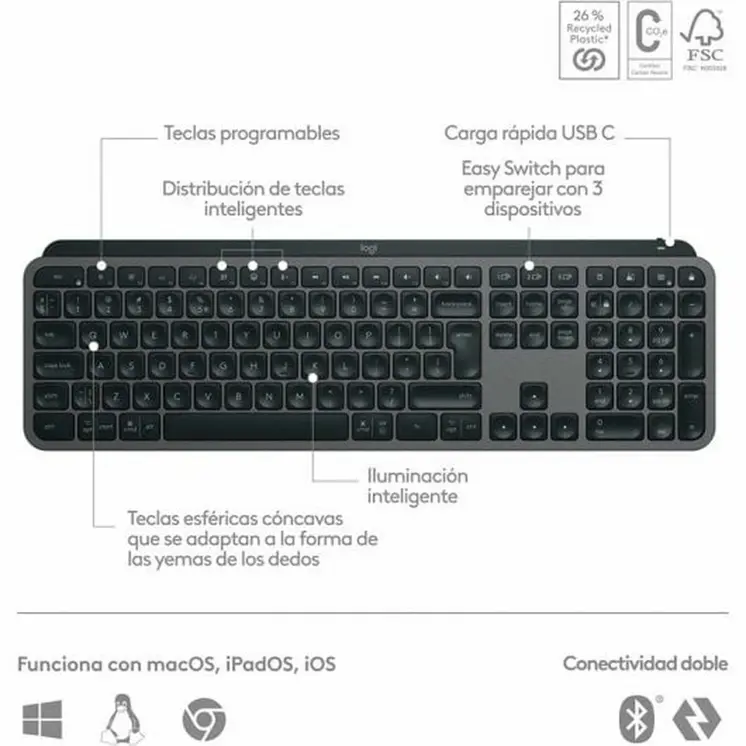 Wireless Keyboard Logitech MX Keys S Spanish Qwerty Graphite Steel