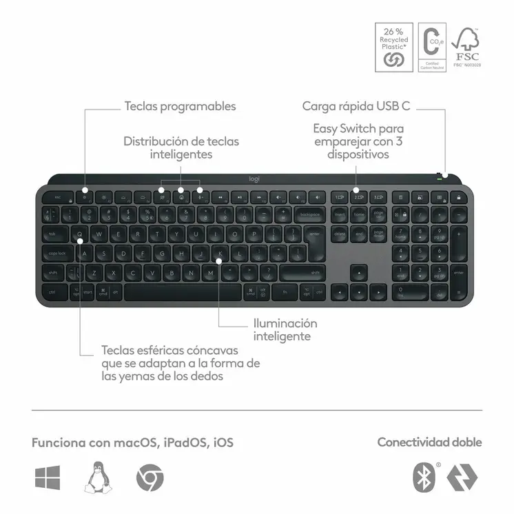 Wireless Keyboard Logitech MX Keys S Spanish Qwerty Graphite Steel