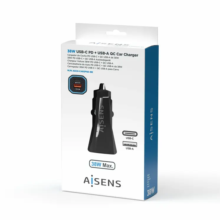 Car Charger Aisens ASCH-CAR2PQC-BK Black 38 W
