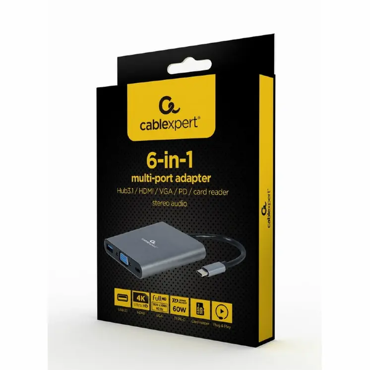 USB Hub GEMBIRD A-CM-COMBO6-01 Grey