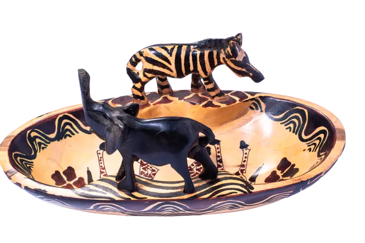 Wooden Oval Shaped Bowl w/Elephant and Zebra
