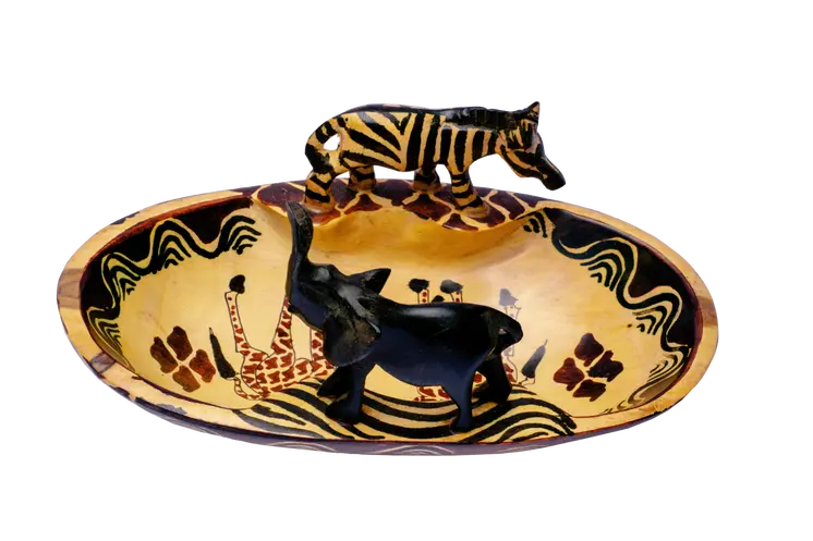 Wooden Oval Shaped Bowl w/Elephant and Zebra