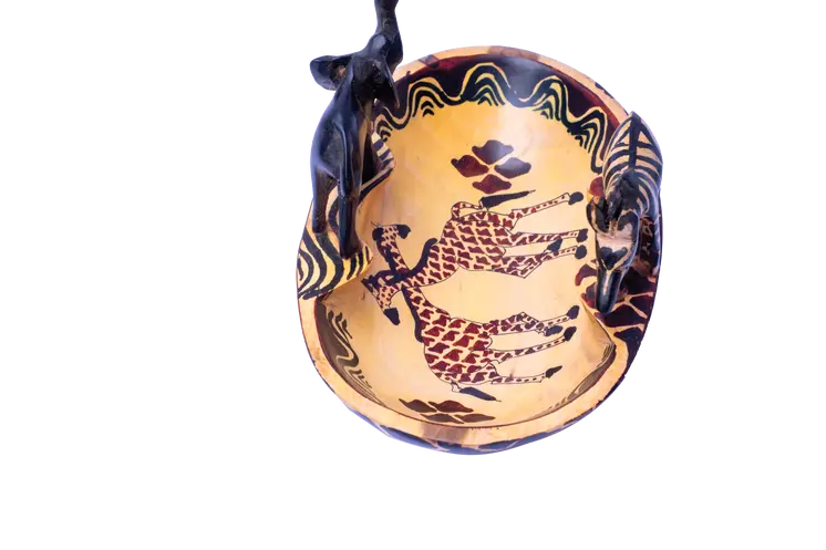 Wooden Oval Shaped Bowl w/Elephant and Zebra