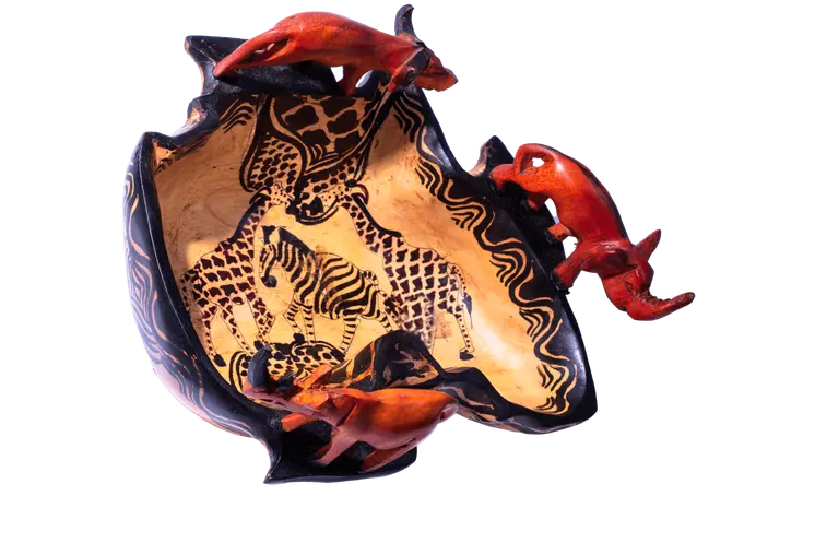 Wooden Africa Shaped Bowl w/Rhinoceros Buffalo and Elephant