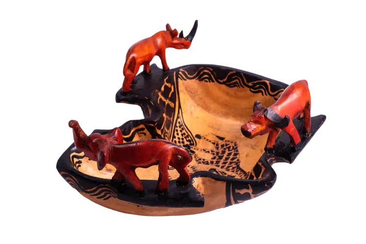 Wooden Africa Shaped Bowl w/Rhinoceros Buffalo and Elephant