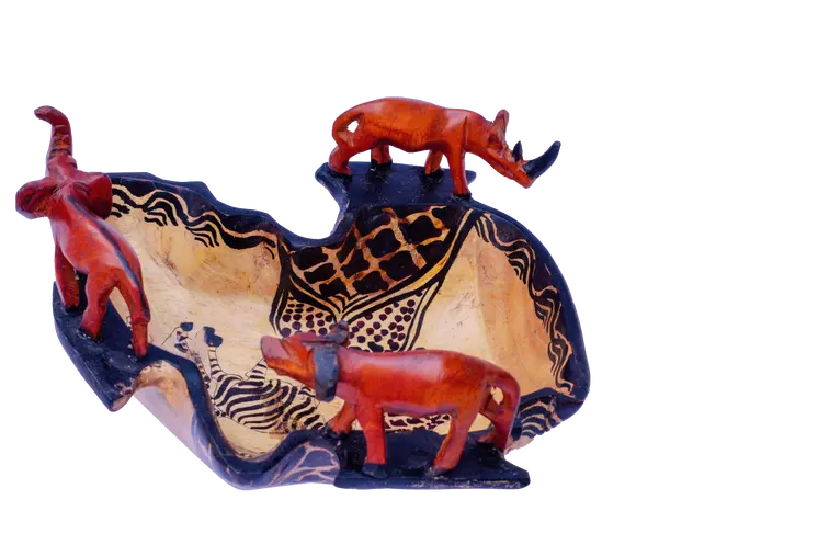 Wooden Africa Shaped Bowl w/Rhinoceros Buffalo and Elephant