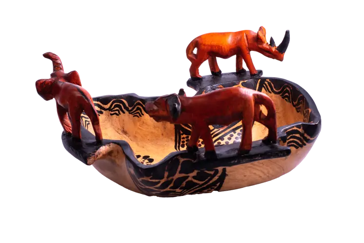 Wooden Africa Shaped Bowl w/Rhinoceros Buffalo and Elephant