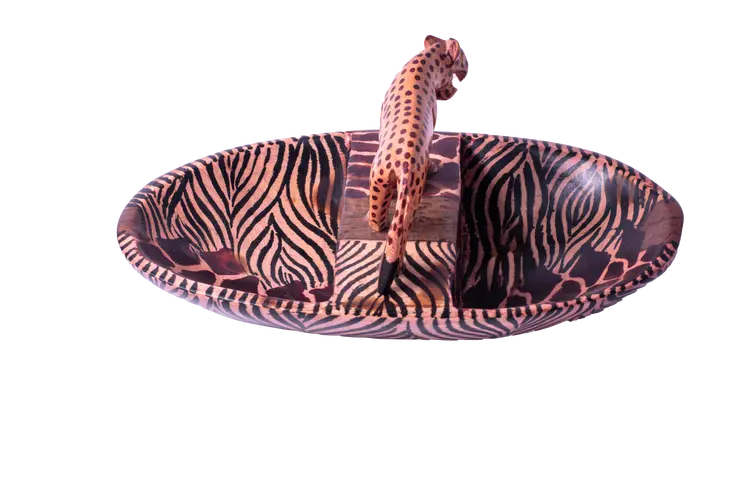 Wooden Bowl With Animal Inspired Patterns w/Partition Cheetah