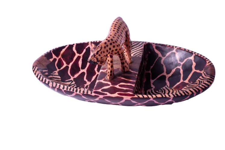 Wooden Bowl With Animal Inspired Patterns w/Partition Cheetah