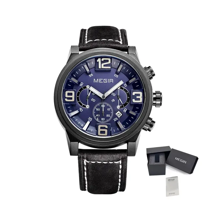 MEGIR Luxury Men's Watch Fashion Simple Casual Sports Watches for Mens Leather Strap Waterproof Quartz Chronograph Clock 3010
