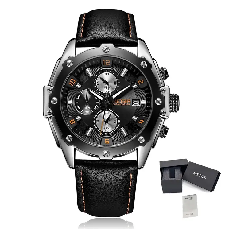 MEGIR Black Mens Watches Top Brand Luxury Chronograph Sports Quartz Wrist Watch Man Clock Waterproof Army Military Wristwatches