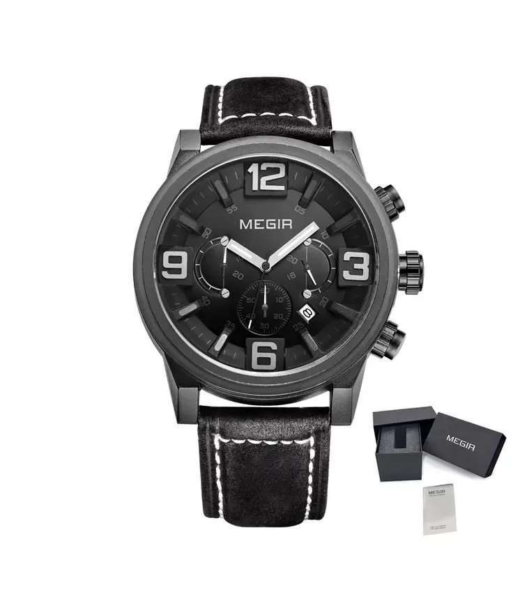 MEGIR Luxury Men's Watch Fashion Simple Casual Sports Watches for Mens Leather Strap Waterproof Quartz Chronograph Clock 3010