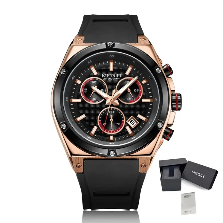 MEGIR Mens Watches Silicone Quartz Wrist Watch Chronograph Fashion Sport Business Wristwatch Luminous Male Clock Montre Homme