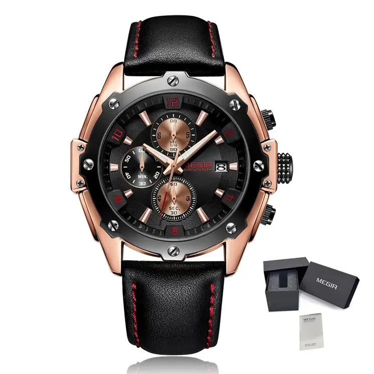 MEGIR Black Mens Watches Top Brand Luxury Chronograph Sports Quartz Wrist Watch Man Clock Waterproof Army Military Wristwatches