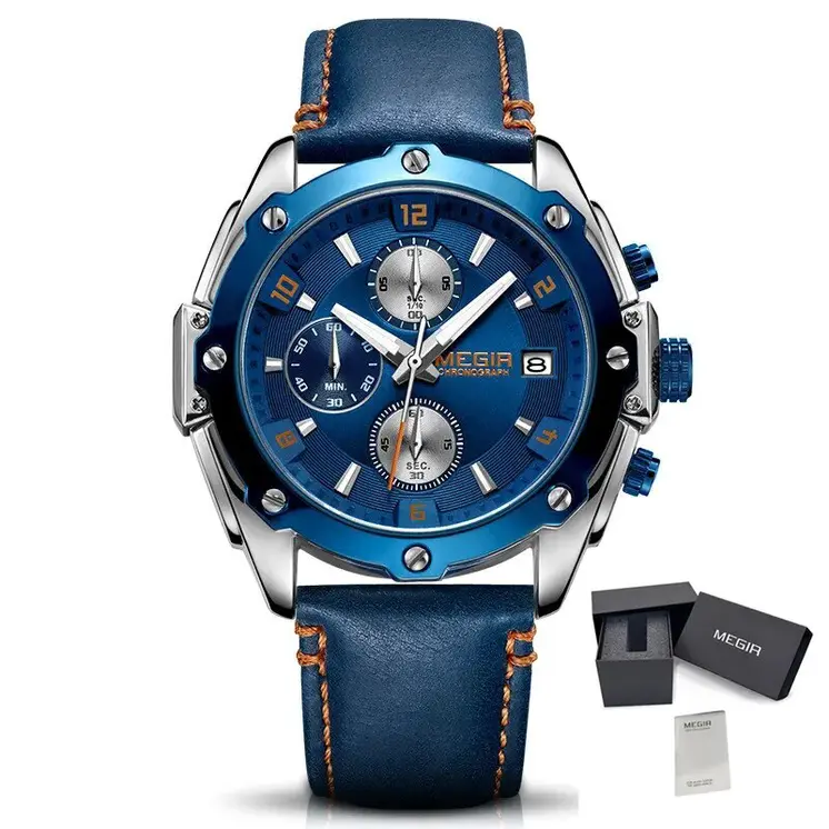 MEGIR Black Mens Watches Top Brand Luxury Chronograph Sports Quartz Wrist Watch Man Clock Waterproof Army Military Wristwatches