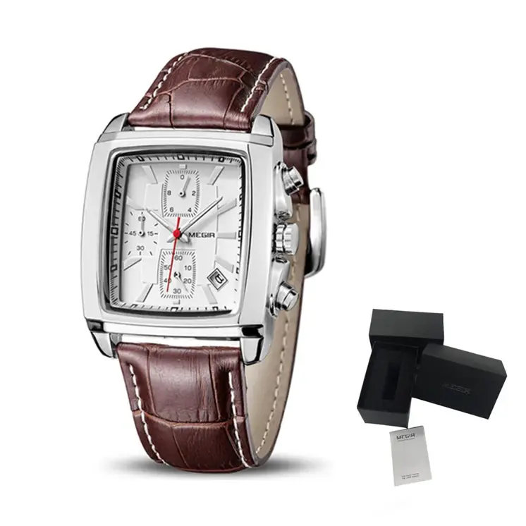 MEGIR Watch Men Business Wristwatch Rectangle Quartz Military Watches Waterproof Luminous Leather Casual Moda Clock Reloj Hombre