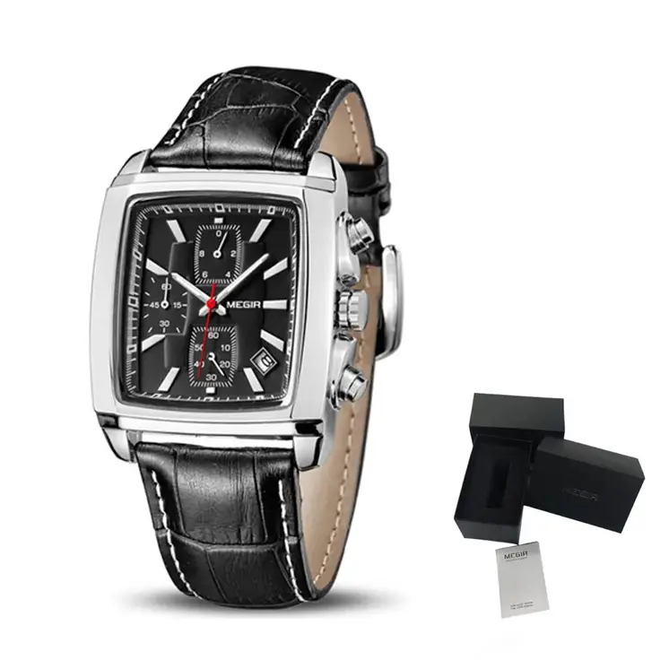 MEGIR Watch Men Business Wristwatch Rectangle Quartz Military Watches Waterproof Luminous Leather Casual Moda Clock Reloj Hombre