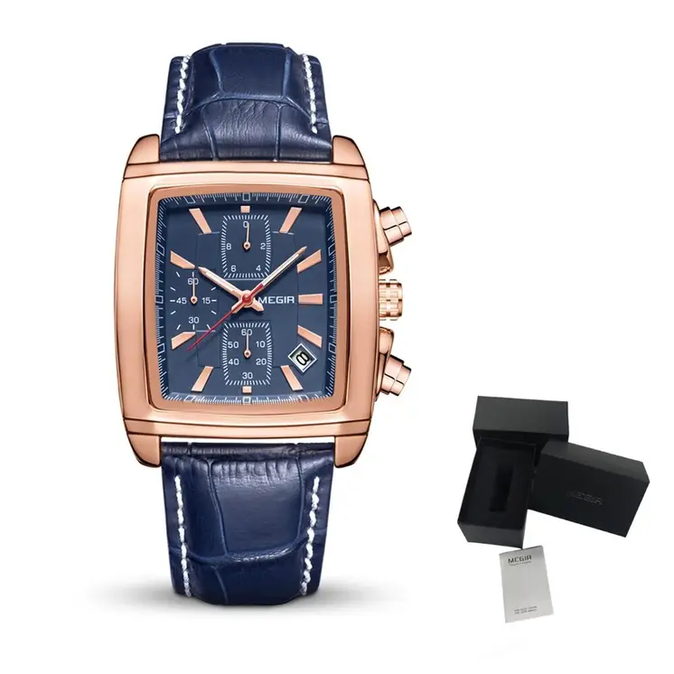 MEGIR Watch Men Business Wristwatch Rectangle Quartz Military Watches Waterproof Luminous Leather Casual Moda Clock Reloj Hombre