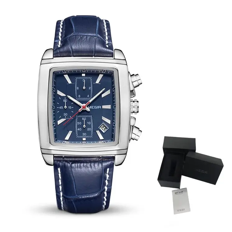 MEGIR Watch Men Business Wristwatch Rectangle Quartz Military Watches Waterproof Luminous Leather Casual Moda Clock Reloj Hombre