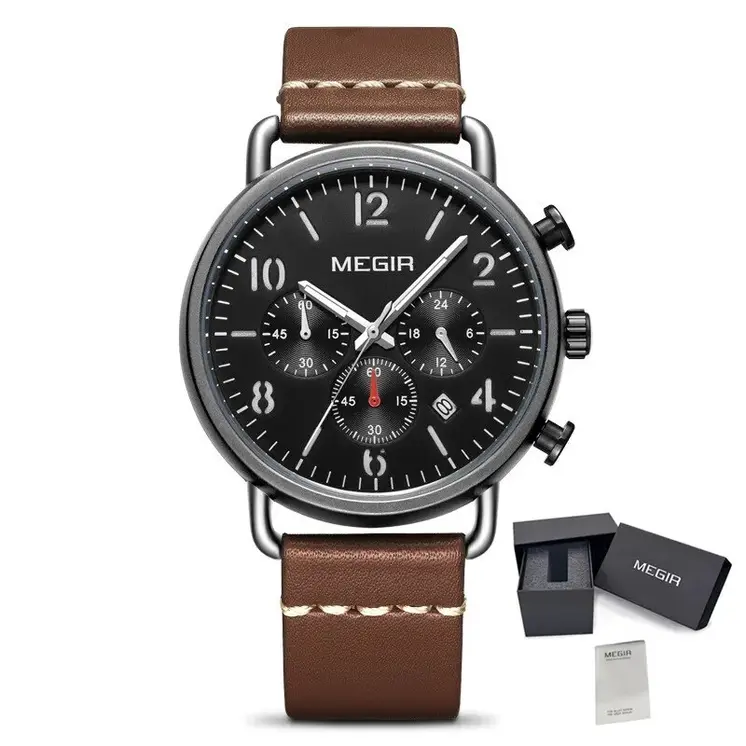 MEGIR Fashion Mens Watches Luxury Sport Quartz Wrist Watch Steel Mesh Business Casual Watches Calendar Leather Band Man Clock