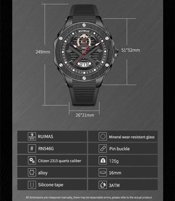 RUIMAS Brand Fashion Sport Watches for Men Quartz Silicone Band Wrist Watch Date Waterproof Wristwatches Clock Relogio Masculino