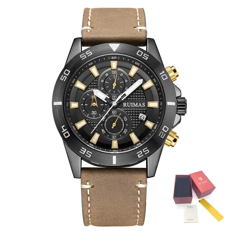RUIMAS Luxury Brand Mens Watches Quartz Leather Strap Wristwatch Waterproof Clock Sports Large Dial Watch Auto Date Montre Homme