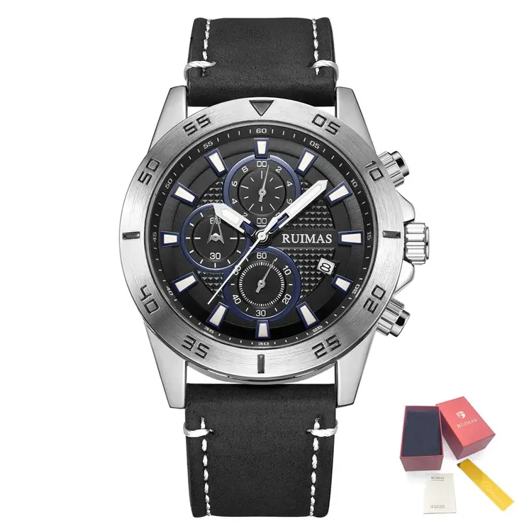 RUIMAS Luxury Brand Mens Watches Quartz Leather Strap Wristwatch Waterproof Clock Sports Large Dial Watch Auto Date Montre Homme