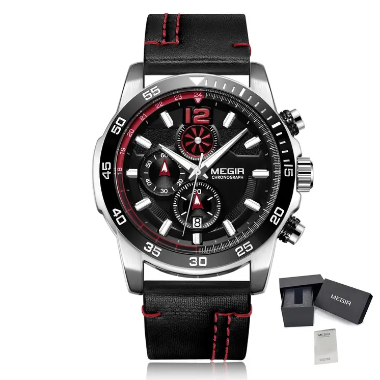 MEGIR Black Luxury Men's Wrist Watch Man Leather Strap Waterproof Chronograph Sports Men Watches Clock Hour Quartz Wristwatches