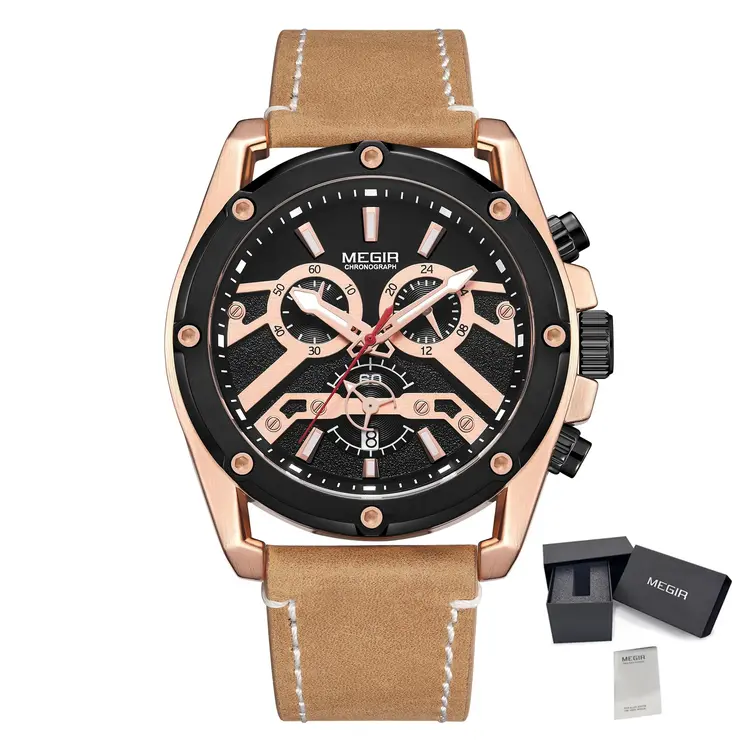 MEGIR Luxury Watch Men Military Sports Watches Leather Quartz Casual Chronograph Man WristWatch? Waterproof Date Clock 2120