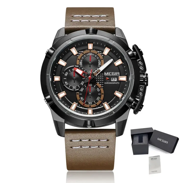 MEGIR Luxury Men's Watch Top Brand Fashion Sports Military Watches for Men Waterproof Quartz Wristwatch Leather Clock Man 2062