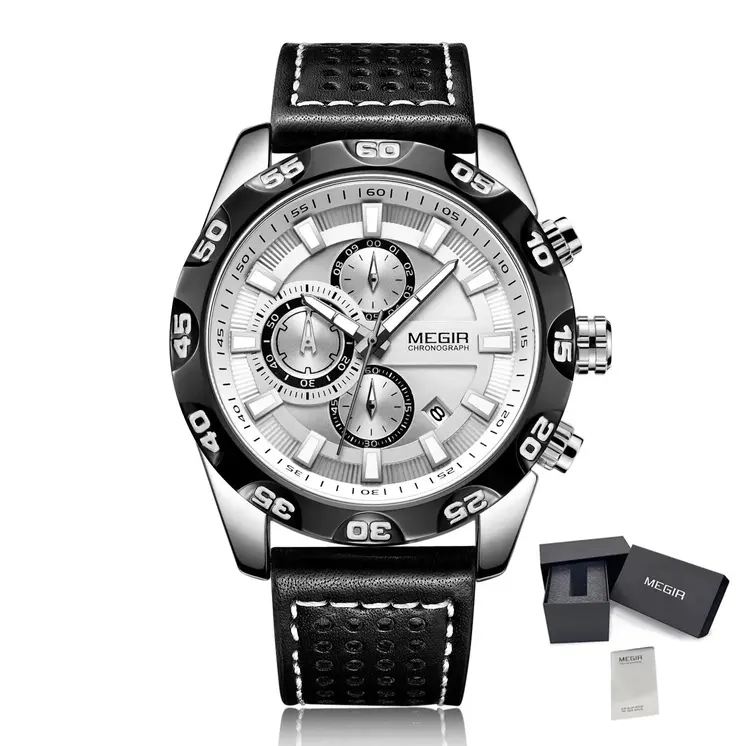 MEGIR Watches Mens Luxury Sports Military Watch Waterproof Luminous Quartz Wrist Watch Leather Casual Man Chronograph Clock