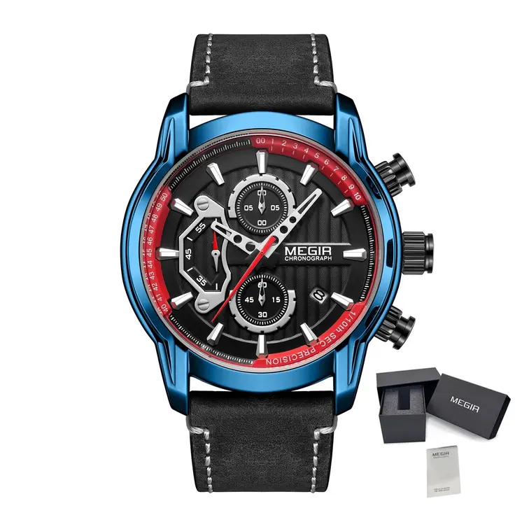 MEGIR Fashion Mens Watches Waterproof Luminous Sports Wrist Watch Man Leather Chronograph Quartz Wristwatch Reloj Hombre 2104