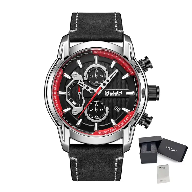 MEGIR Fashion Mens Watches Waterproof Luminous Sports Wrist Watch Man Leather Chronograph Quartz Wristwatch Reloj Hombre 2104