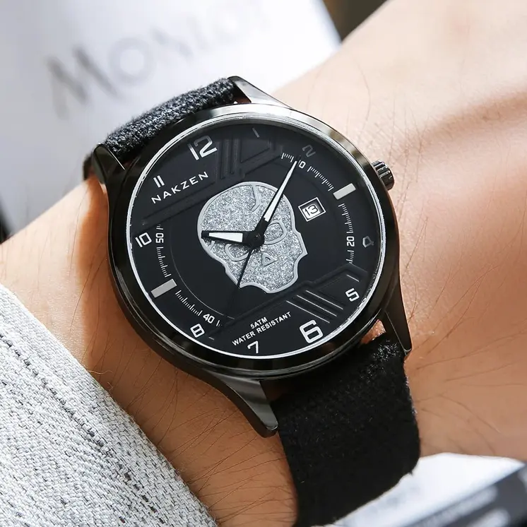 NAKZEN 2019 New Mens Watches Top Brand Luxury Fashion Skull Quartz Watch Waterproof Leather strap Luminous relogio masculino