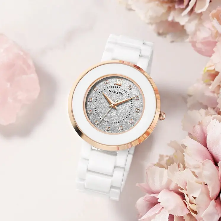NAKZEN Women's Quartz Fashion Simple Ceramics Analogue Watch Ceramic Band 30M Waterproof Diamond Dress Watches relogio feminino
