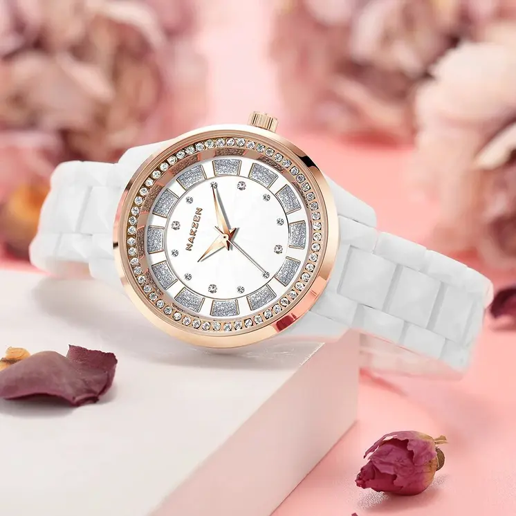 NAKZEN Design Quartz Ladies Watch High Quality Ceramic Bracelet White Watches Luxury Diamond Clock Gifts for Women Relojes De Mu