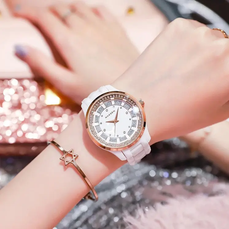NAKZEN Design Quartz Ladies Watch High Quality Ceramic Bracelet White Watches Luxury Diamond Clock Gifts for Women Relojes De Mu