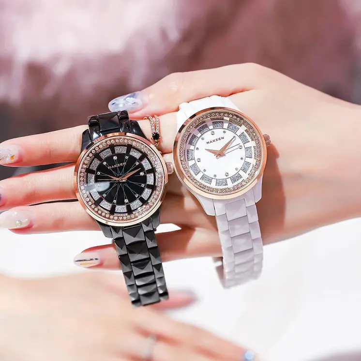 NAKZEN Design Quartz Ladies Watch High Quality Ceramic Bracelet White Watches Luxury Diamond Clock Gifts for Women Relojes De Mu