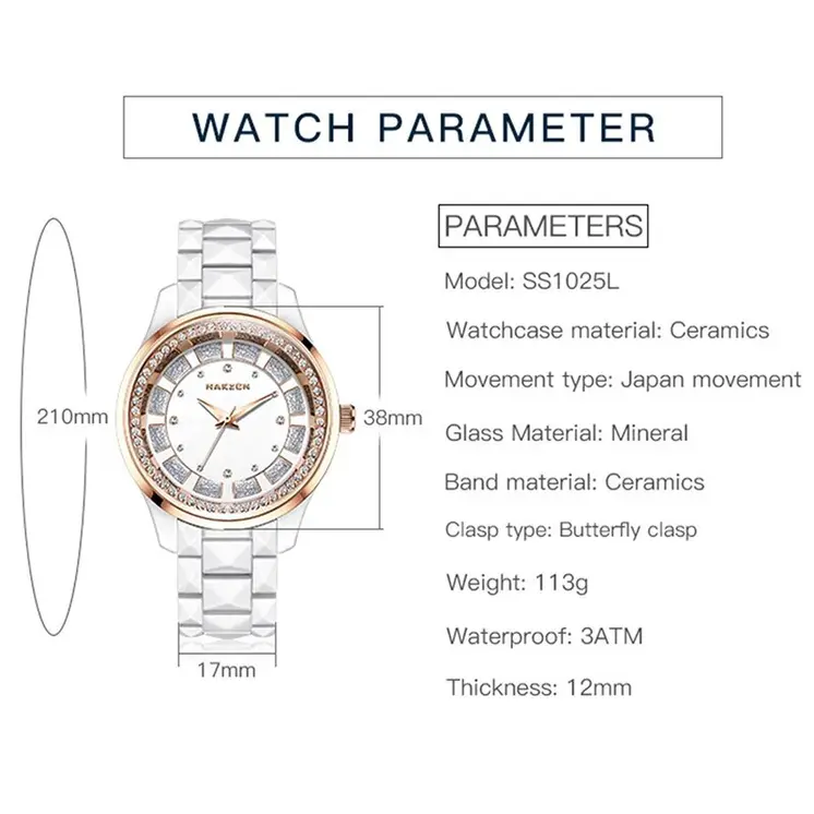 NAKZEN Design Quartz Ladies Watch High Quality Ceramic Bracelet White Watches Luxury Diamond Clock Gifts for Women Relojes De Mu