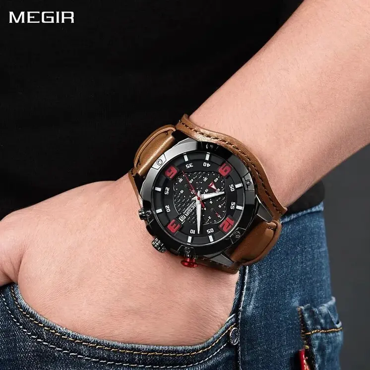 MEGIR Large Dial Watches for Men Luxury Brand Sports Chronograph Clock Waterproof Luminous Hands Quartz Wristwatch Reloj Hombre