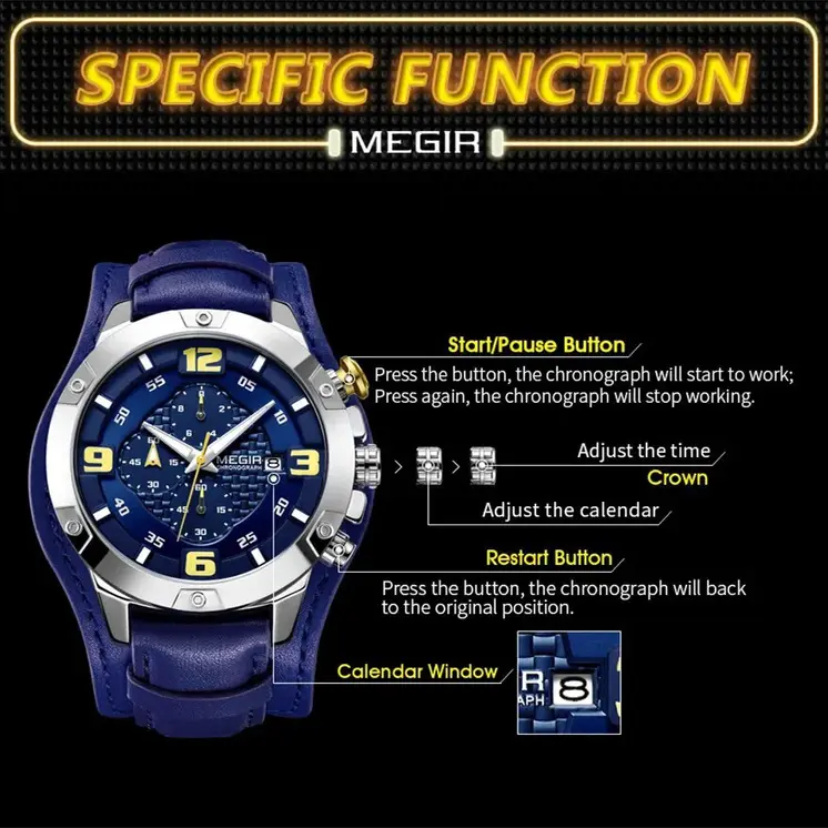 MEGIR Large Dial Watches for Men Luxury Brand Sports Chronograph Clock Waterproof Luminous Hands Quartz Wristwatch Reloj Hombre