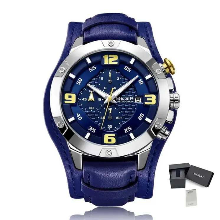 MEGIR Large Dial Watches for Men Luxury Brand Sports Chronograph Clock Waterproof Luminous Hands Quartz Wristwatch Reloj Hombre