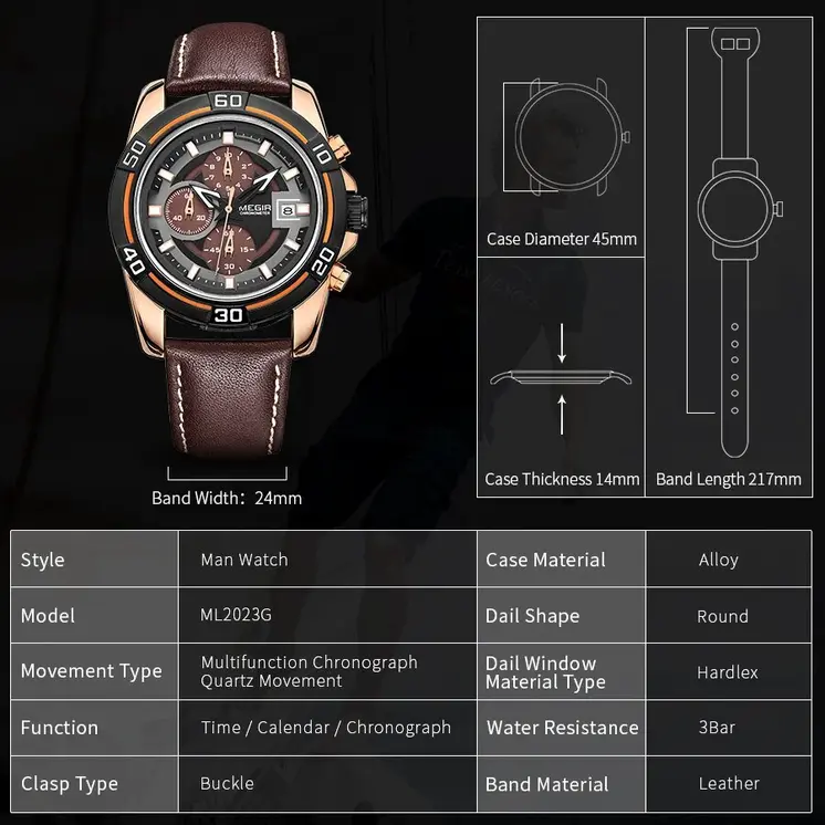 MEGIR Top Brand Fashion Sport Chronograph Watch Men Quartz Leather Wristwatch Waterproof Luminous Man Watches with Date Clock