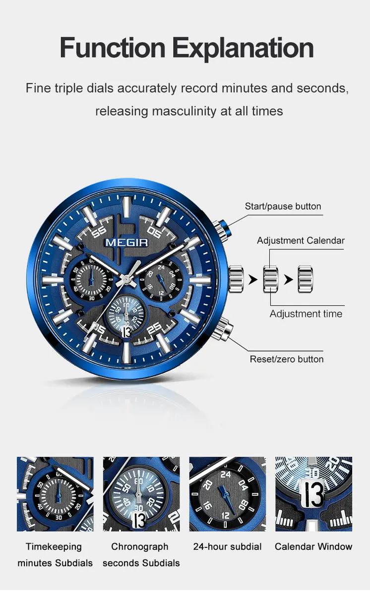MEGIR Luxury Watch Mens Business Watches Calendar Stainless Steel Quartz Wrist Watch Clock Casual Chronograph Relogio Masculino