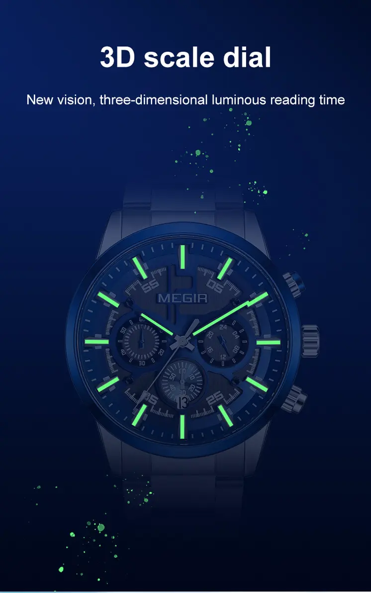MEGIR Luxury Watch Mens Business Watches Calendar Stainless Steel Quartz Wrist Watch Clock Casual Chronograph Relogio Masculino