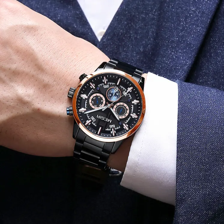 MEGIR Luxury Watch Mens Business Watches Calendar Stainless Steel Quartz Wrist Watch Clock Casual Chronograph Relogio Masculino