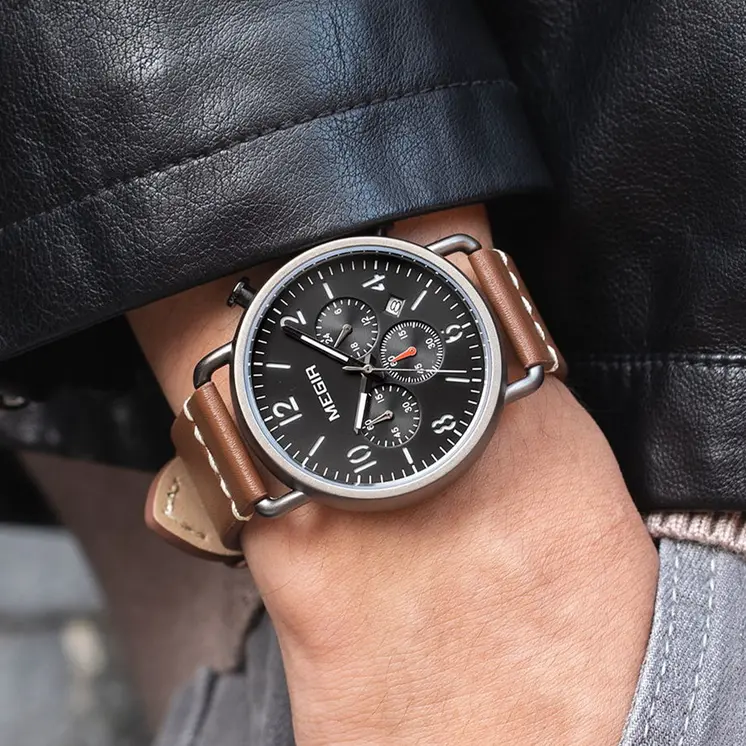 MEGIR Fashion Mens Watches Luxury Sport Quartz Wrist Watch Steel Mesh Business Casual Watches Calendar Leather Band Man Clock