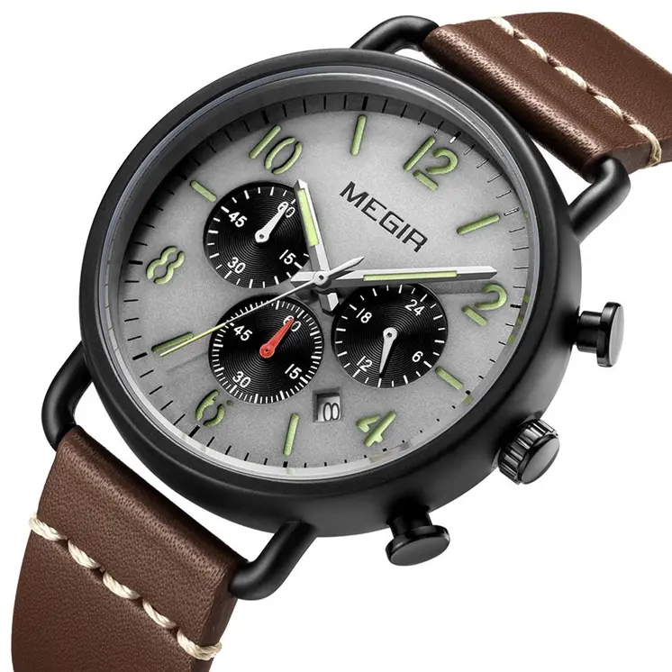 MEGIR Fashion Mens Watches Luxury Sport Quartz Wrist Watch Steel Mesh Business Casual Watches Calendar Leather Band Man Clock