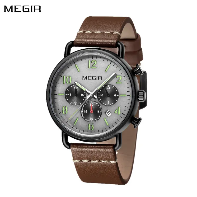 MEGIR Fashion Mens Watches Luxury Sport Quartz Wrist Watch Steel Mesh Business Casual Watches Calendar Leather Band Man Clock